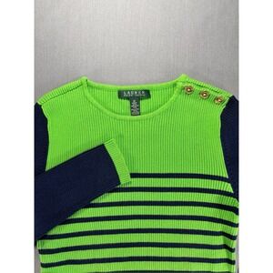 Lauren Ralph Lauren Ribbed Knit Sweater Women's M Green Navy Nautical Stripes